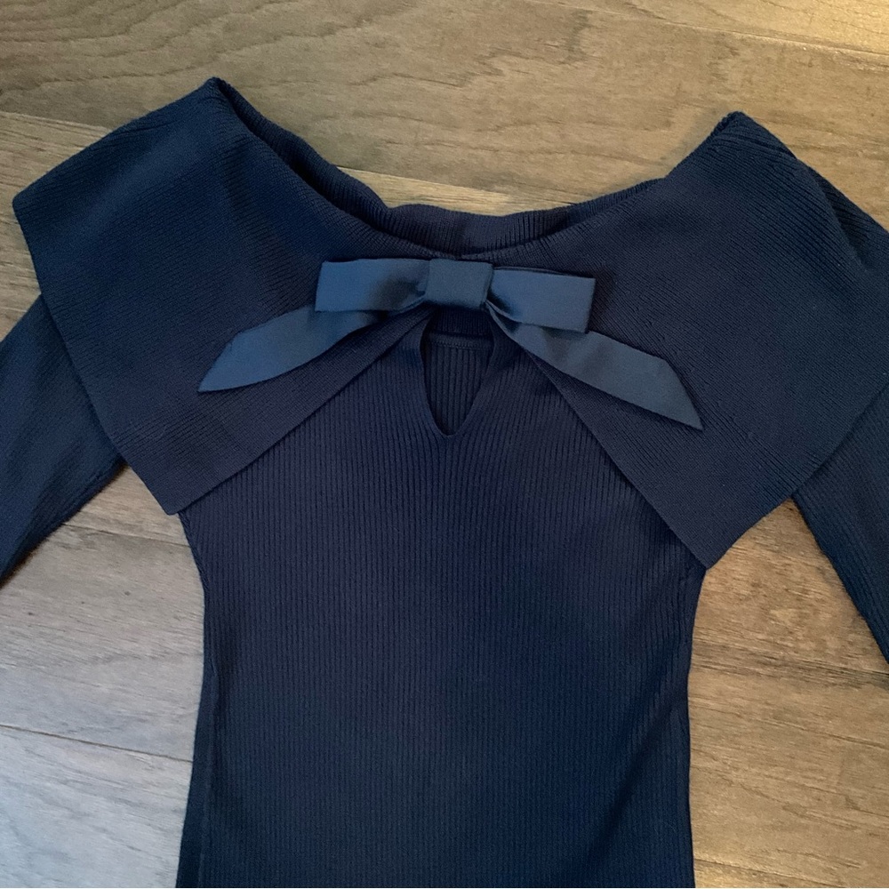 WHBM Off-Shoulder Sweater Navy Bow White House Black Market Bow